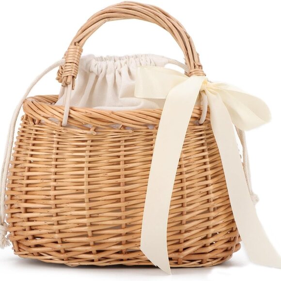 Natural Wicker Handbag Rattan Woven Basket Purse Straw Beach Tote for Women - Picture 7 of 8